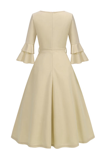 Damasco A-Line V-neck Meia Manga Midi Vestido dos anos 1950